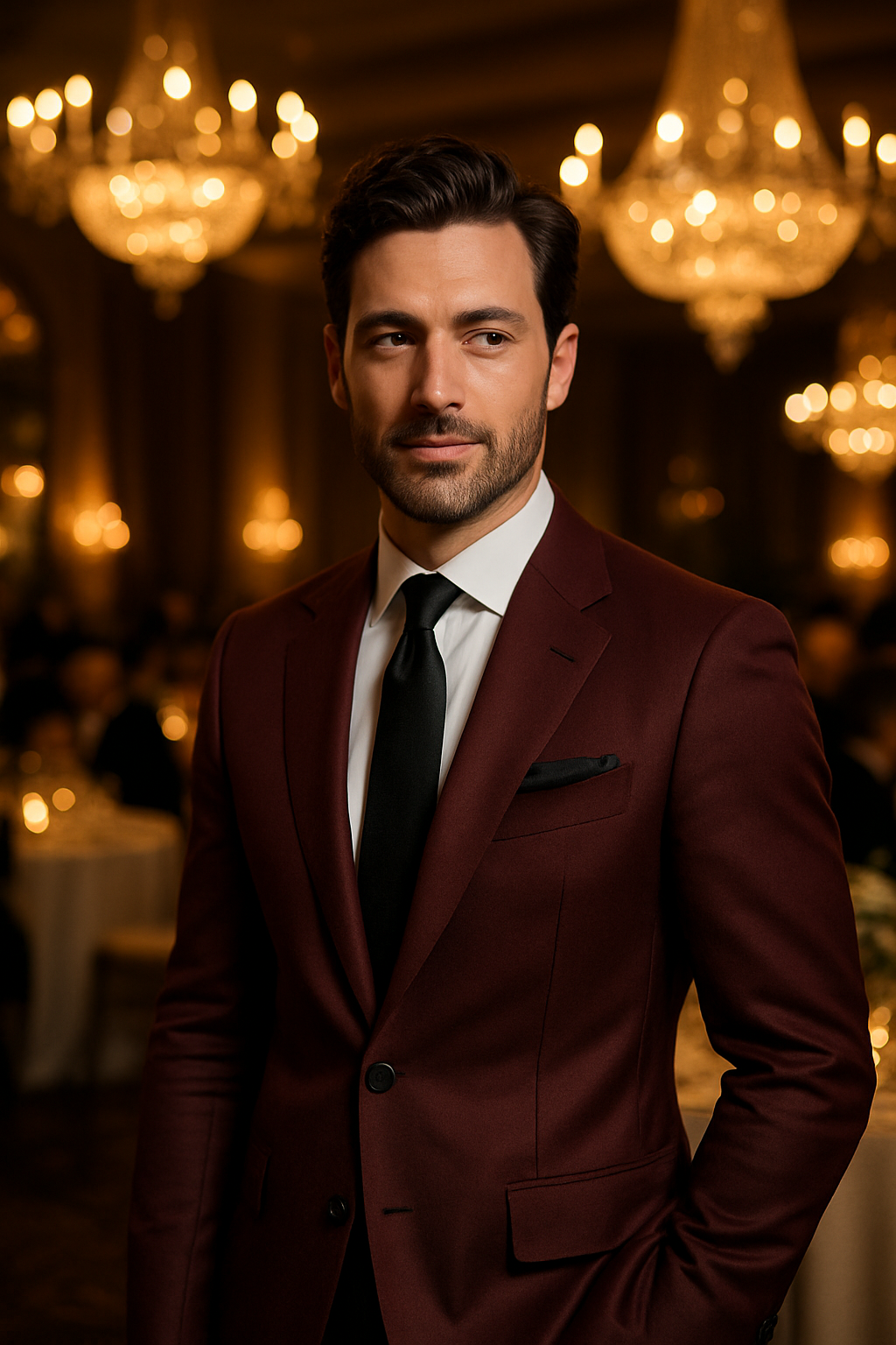 A stylish man wearing a burgundy suit, showcasing a sophisticated look for formal events.