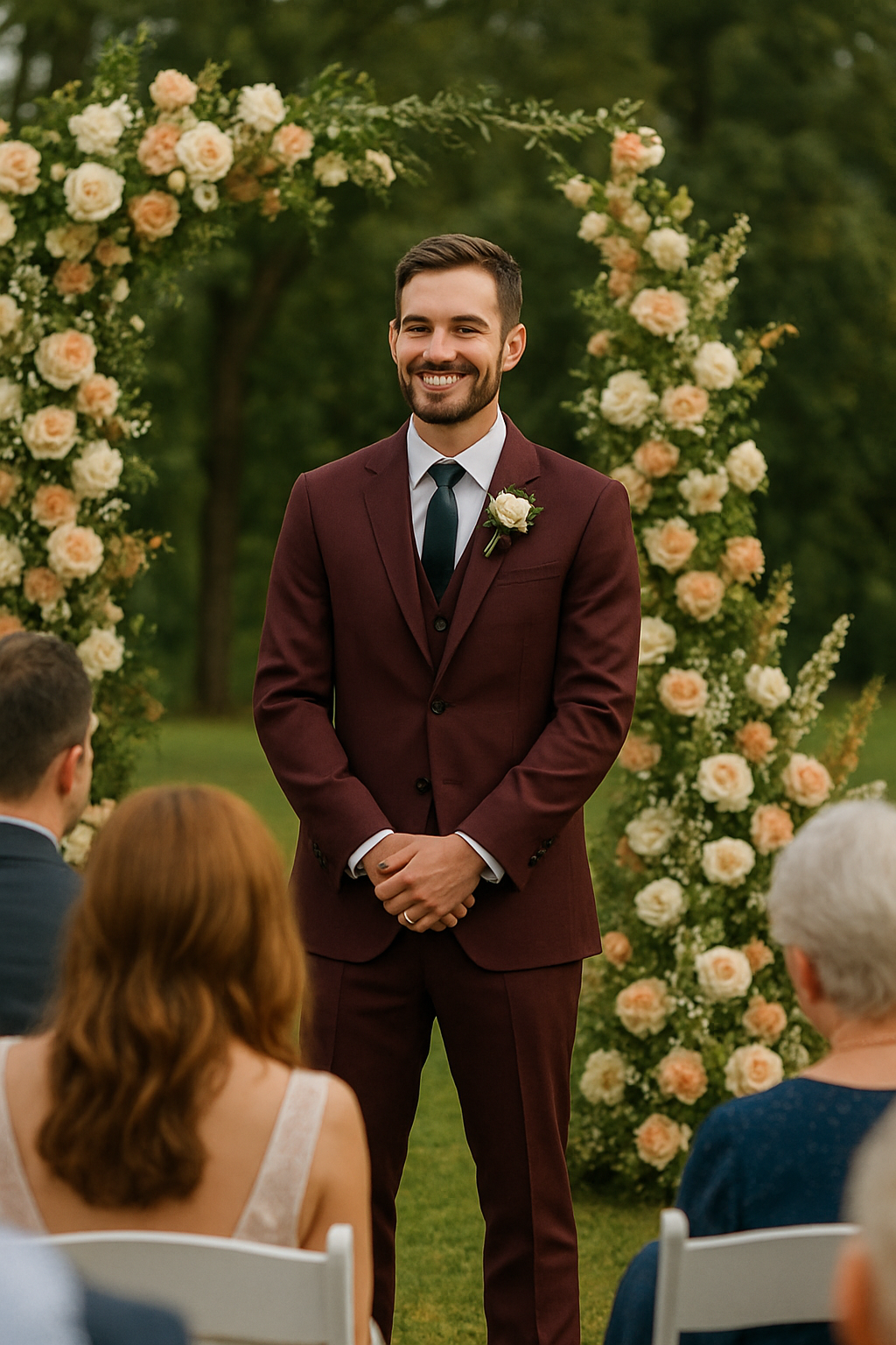 A stylish man wearing a burgundy suit, showcasing a modern wedding outfit.