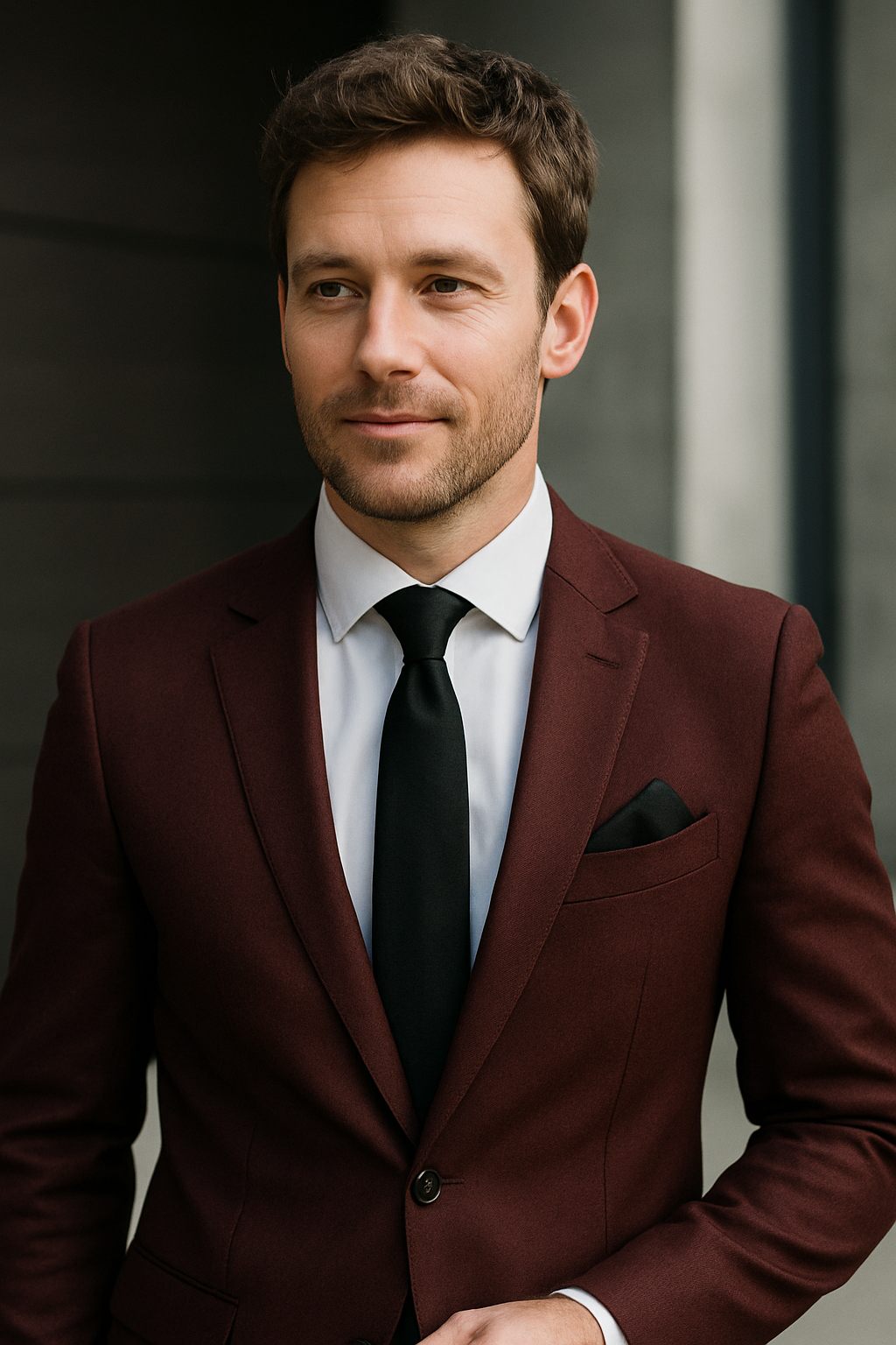 A man in a burgundy suit with a black tie and pocket square, exuding confidence and style.