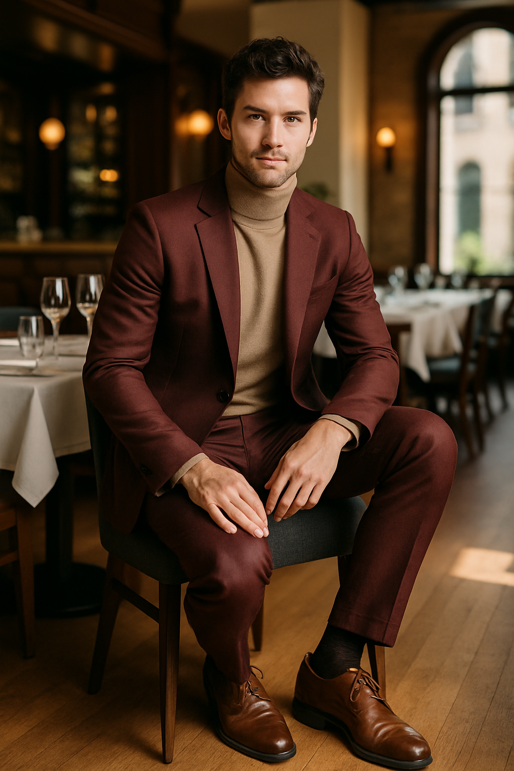 A man in a burgundy suit with brown leather shoes, sitting in a restaurant setting.