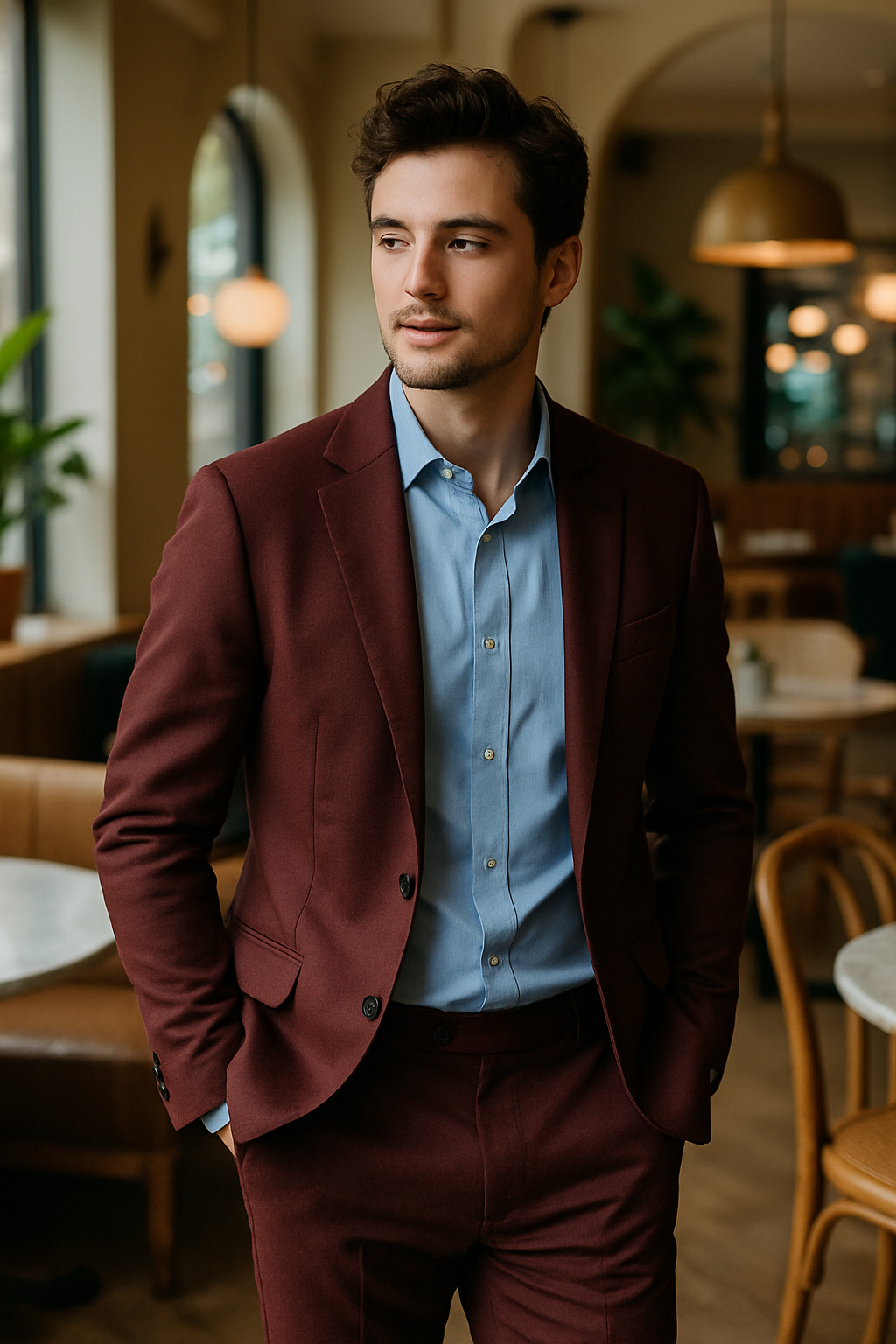 Man in a burgundy suit and light blue shirt standing in a stylish cafe
