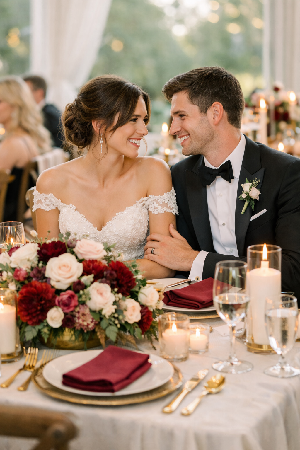 A couple at a beautifully set wedding table with burgundy and floral decor.