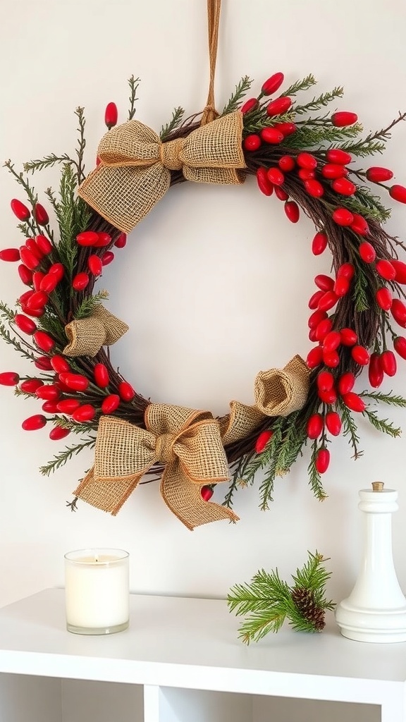 A winter wreath made with burlap and red berries, featuring greenery and bows.