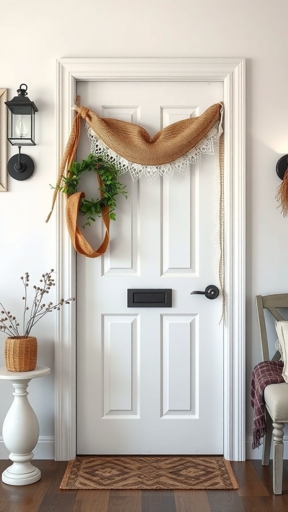 A door decorated with burlap and lace accents, featuring a greenery wreath.
