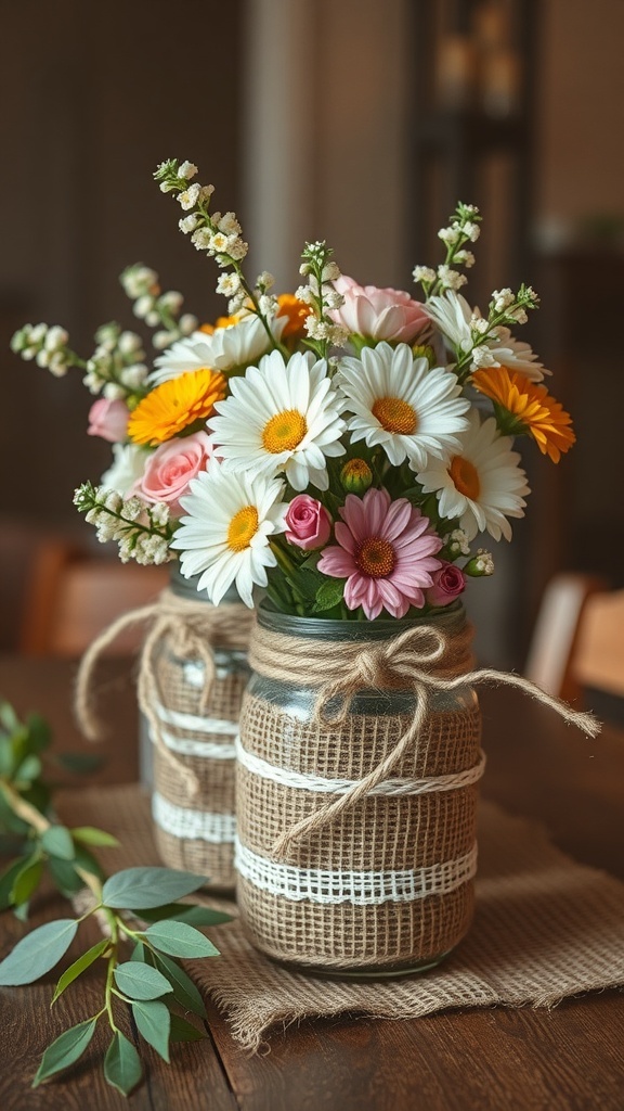 Wedding centerpieces featuring mason jars with burlap and lace decorations, filled with colorful flowers.