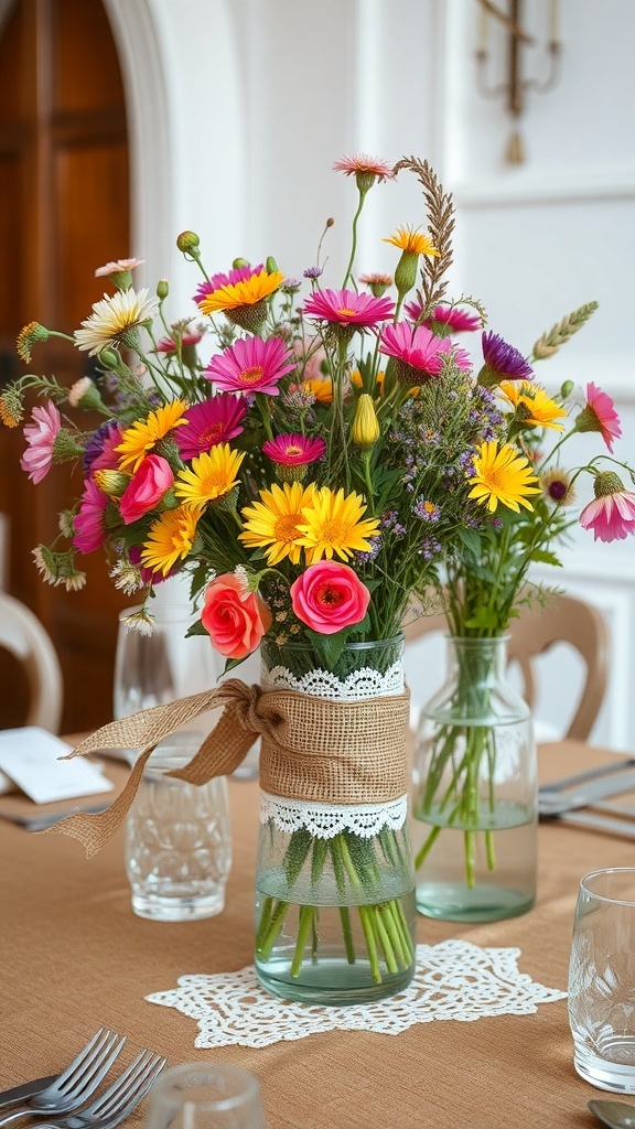 A beautiful centerpiece featuring colorful flowers in vases wrapped in burlap and lace, set on a table.
