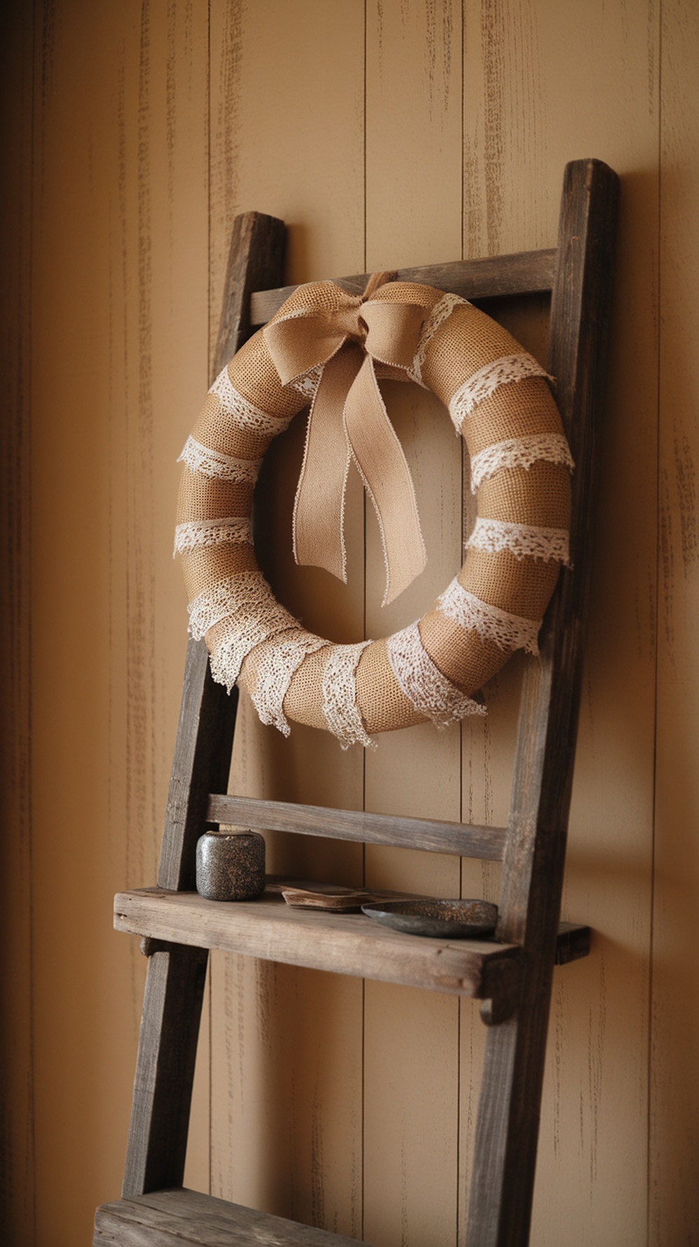 A burlap and lace wreath hanging on a wooden ladder against a beige wall.