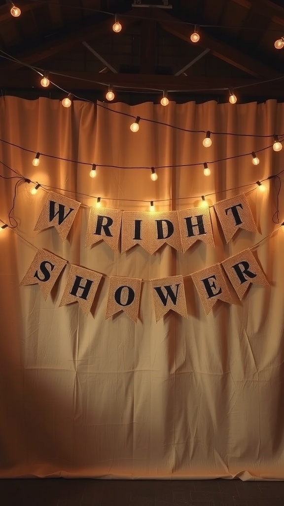 Burlap banner reading 'Wright Shower' with string lights.