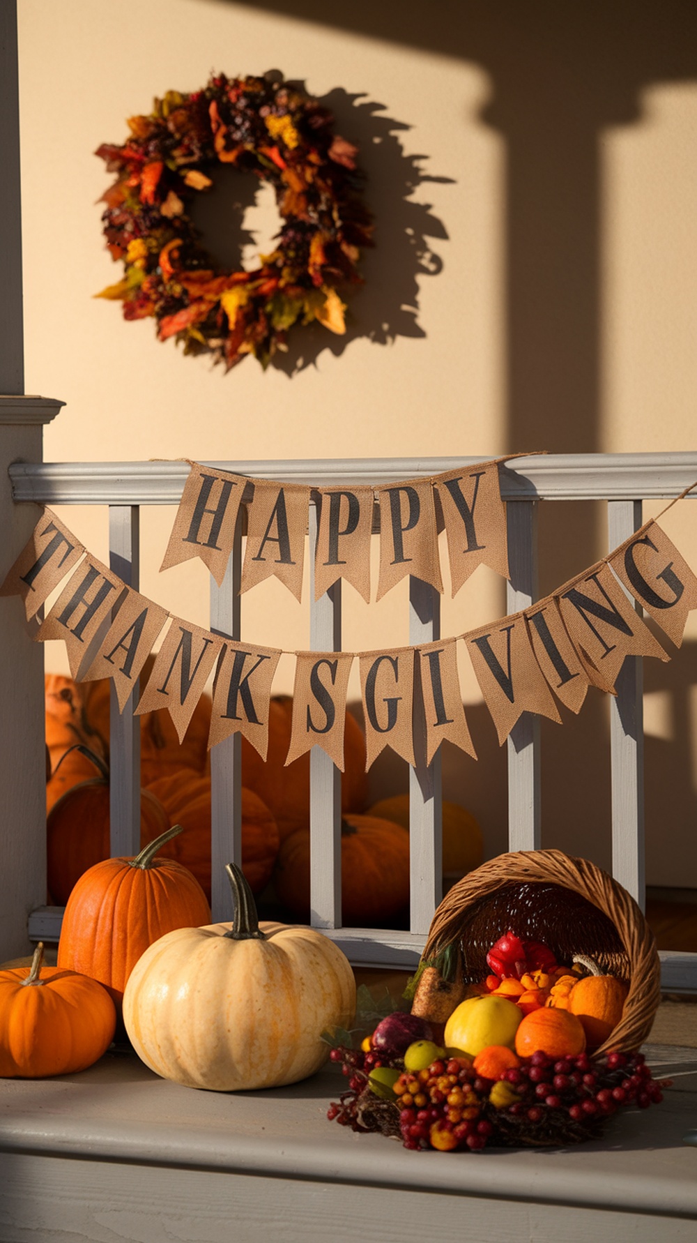 A burlap banner reading 'HAPPY THANKSGIVING' displayed on a porch with pumpkins and a wreath.