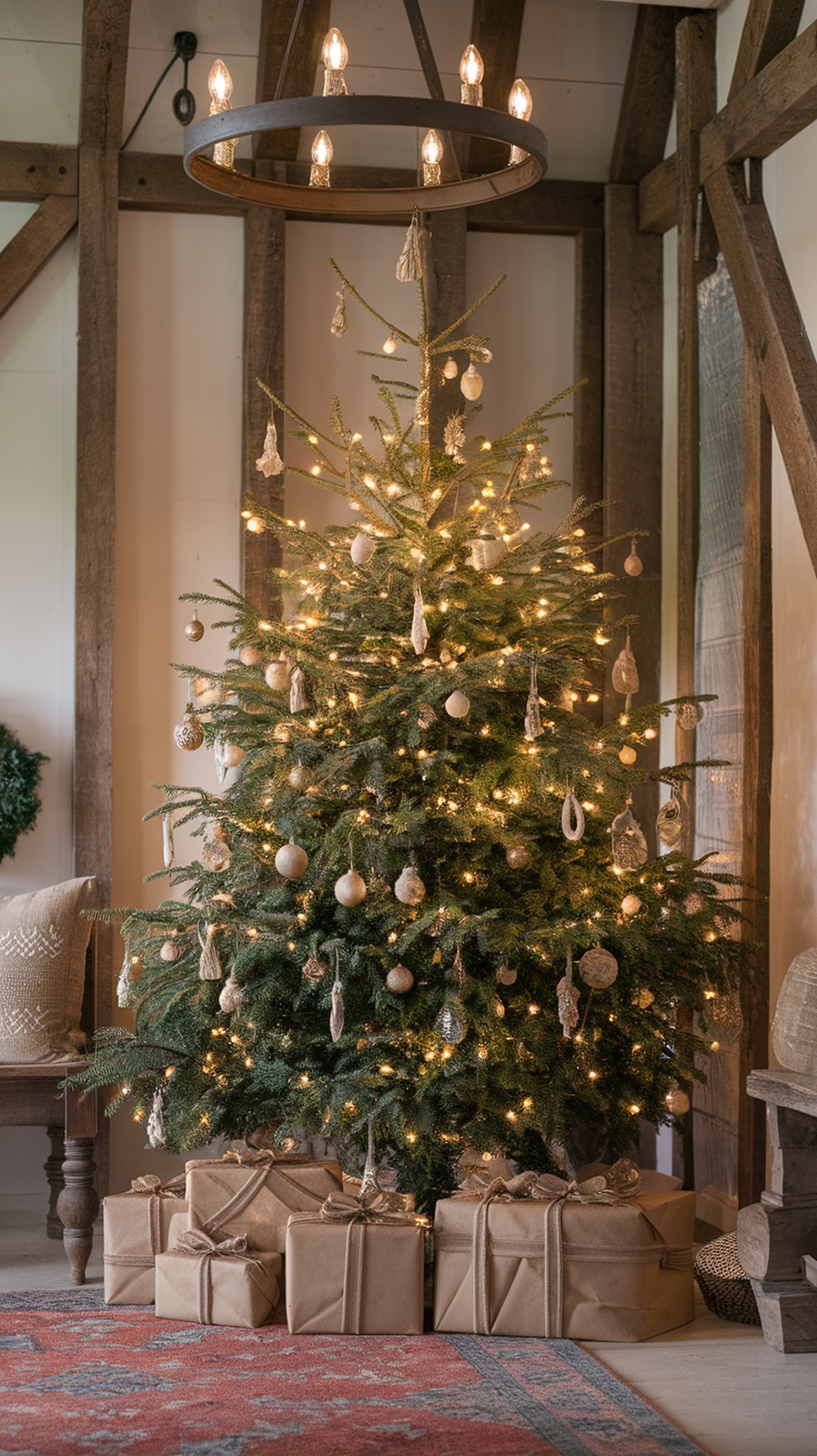 A beautifully decorated Christmas tree with burlap-wrapped gifts underneath.