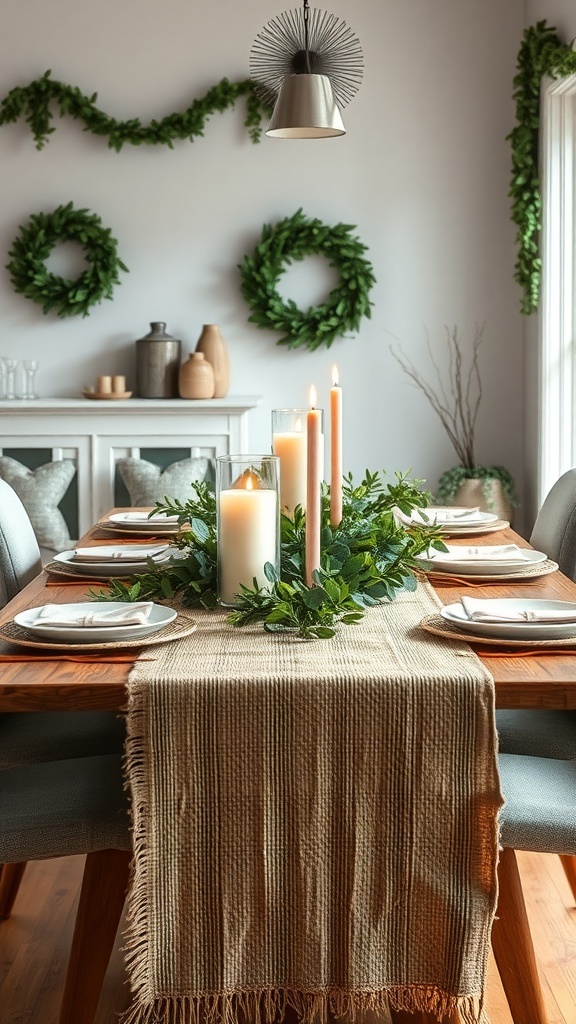 A dining table decorated with a burlap table runner, greenery, and candles.