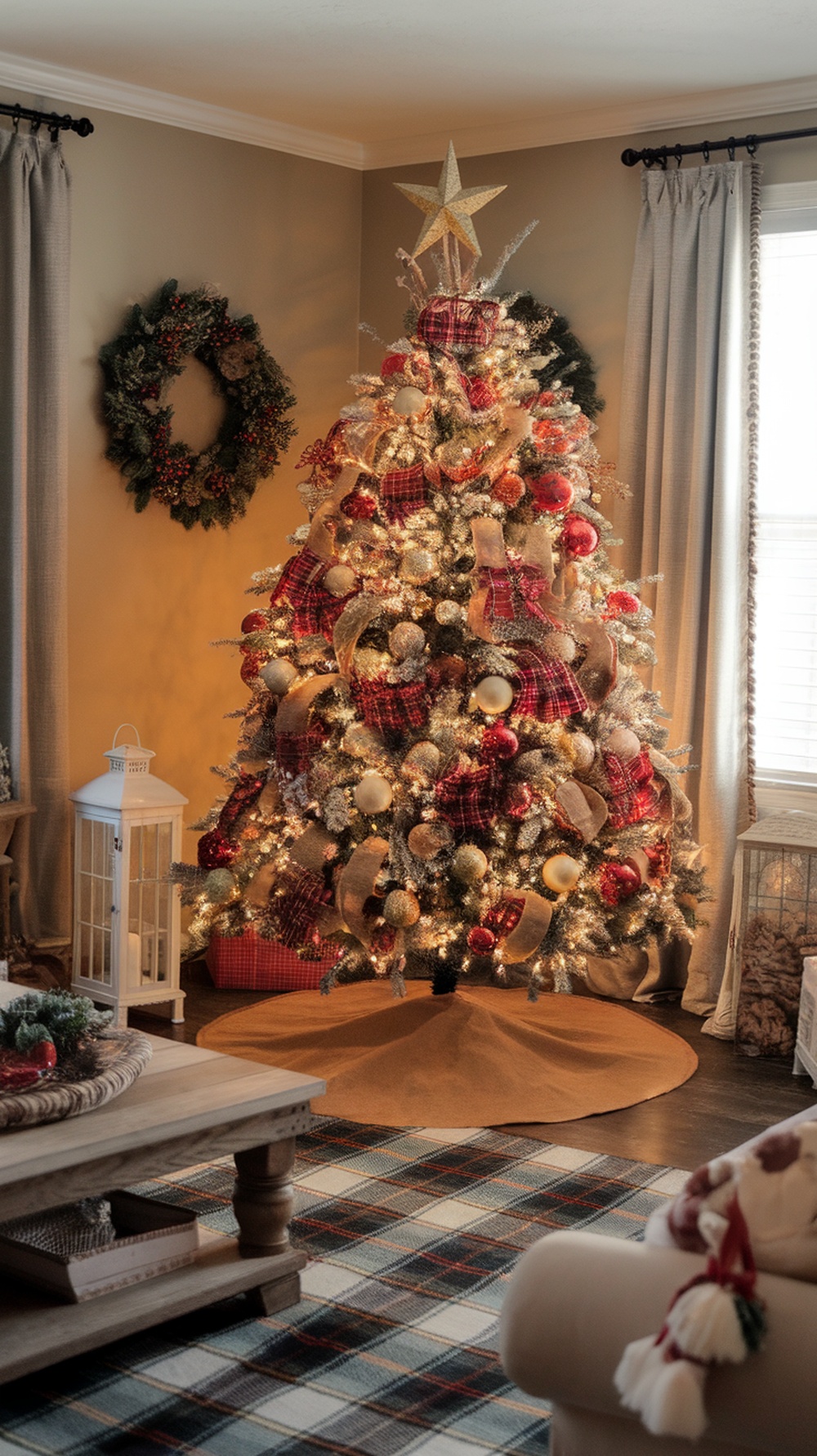 A beautifully decorated Christmas tree with a burlap tree skirt, surrounded by a cozy farmhouse setting.