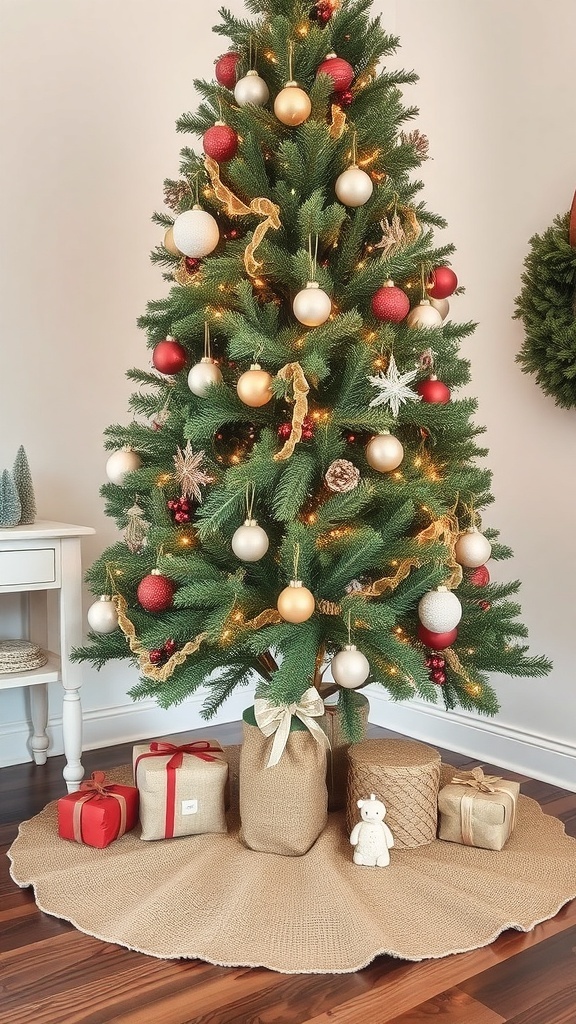 A Christmas tree with a burlap tree skirt, decorated with ornaments and surrounded by wrapped gifts.