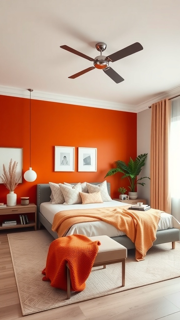 A cozy bedroom featuring a burnt orange accent wall, a neatly made bed with soft bedding, and decorative elements like plants and artwork.