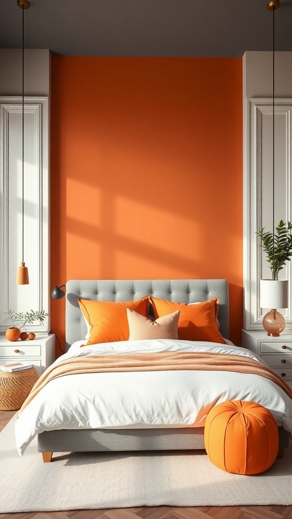 A modern bedroom featuring a burnt orange wall, gray bedding, and stylish decor.
