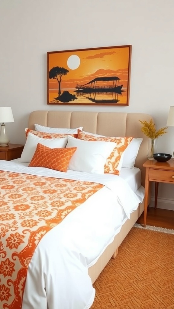 A cozy bedroom featuring burnt orange bedding with patterns, complemented by decorative pillows and artwork.