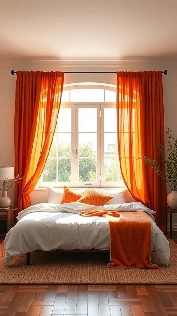 A cozy bedroom featuring burnt orange curtains, a white bed with orange accents, and a wooden floor.