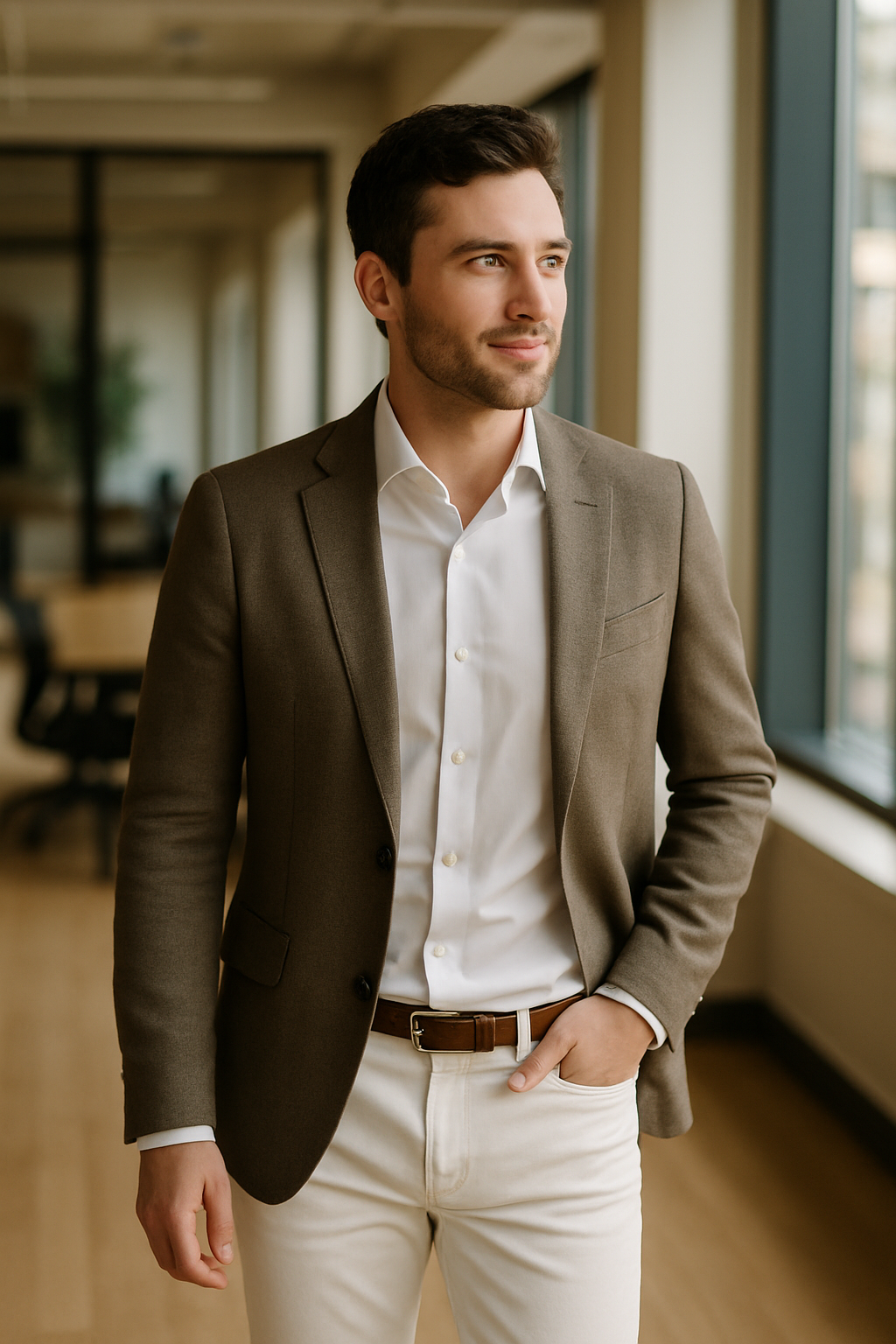 A man in a brown blazer and white jeans, showcasing a business casual outfit.