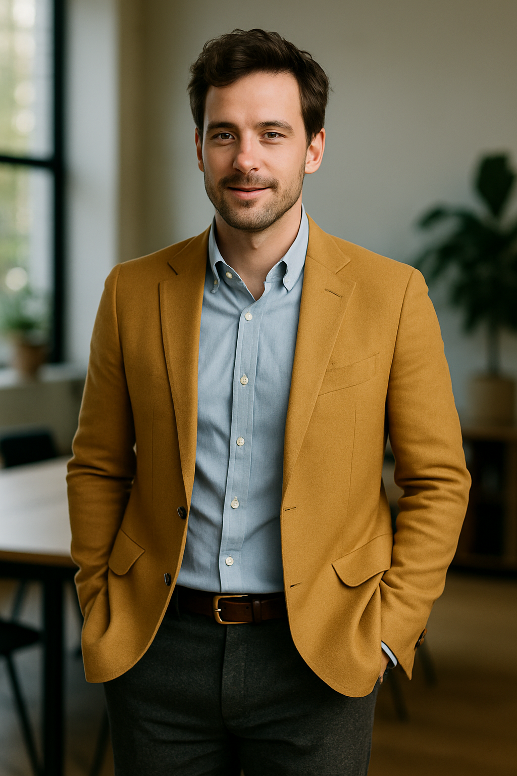 A man wearing a yellow blazer over a light blue shirt, paired with gray trousers, standing in an office setting.