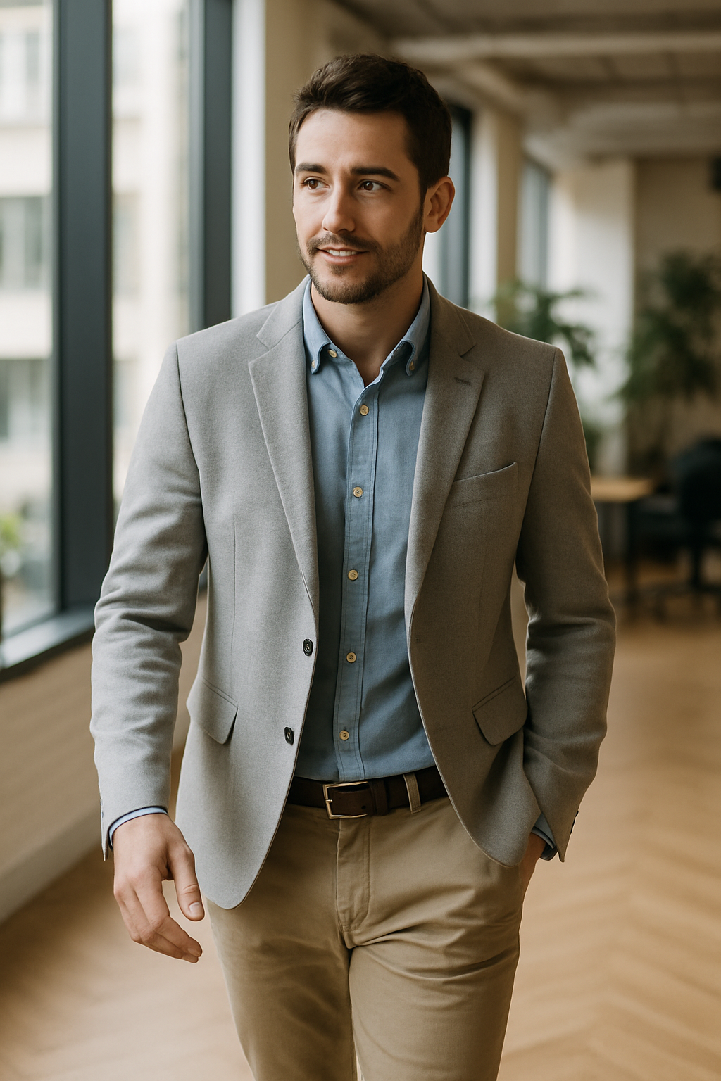 Man in a light grey blazer with a blue shirt and khaki trousers in a modern office setting.
