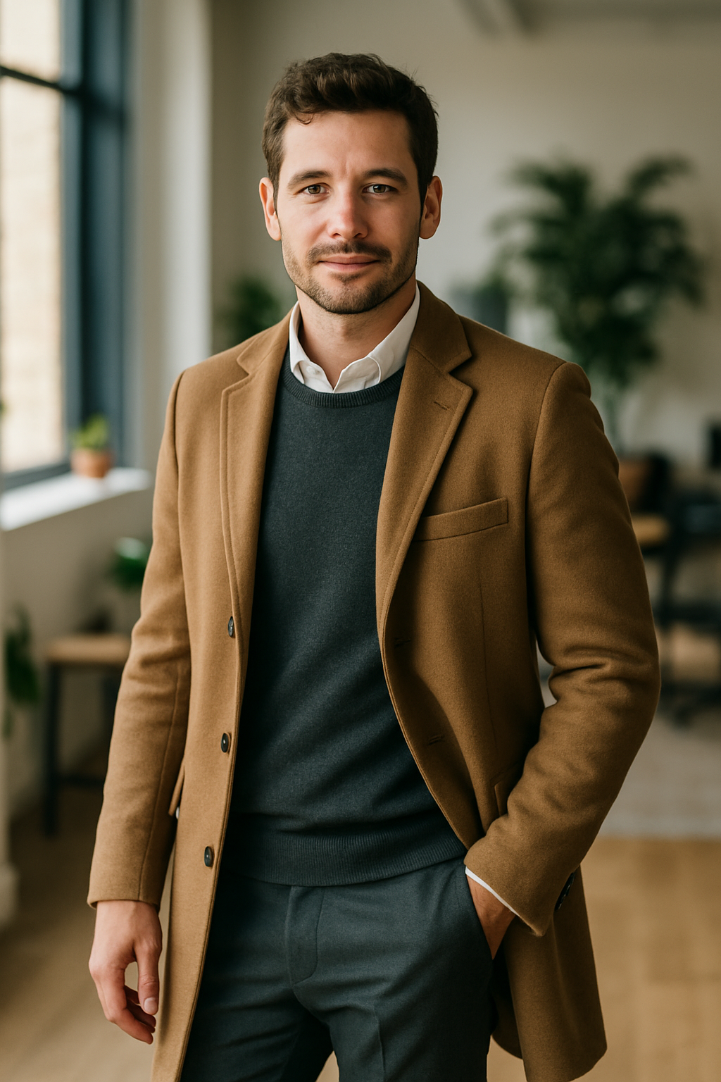 A man in a long blazer coat over a sweater and shirt, showcasing a business casual outfit.