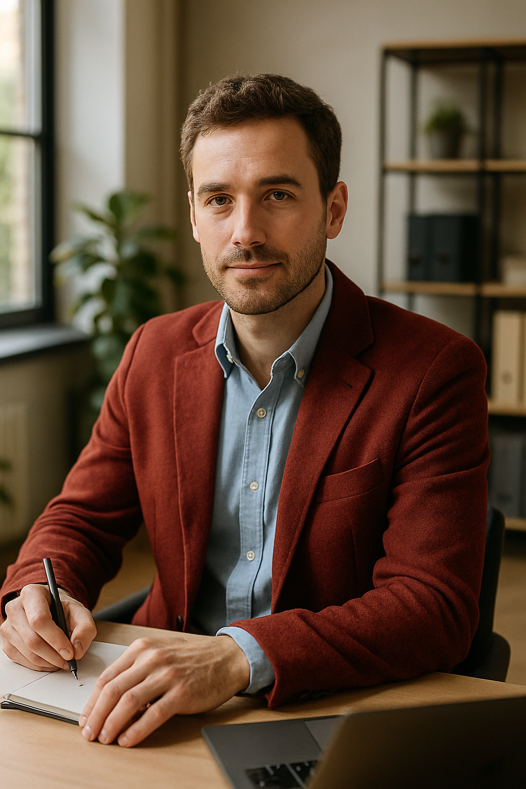 A man in a red blazer and light blue shirt sitting at a desk, writing in a notebook.