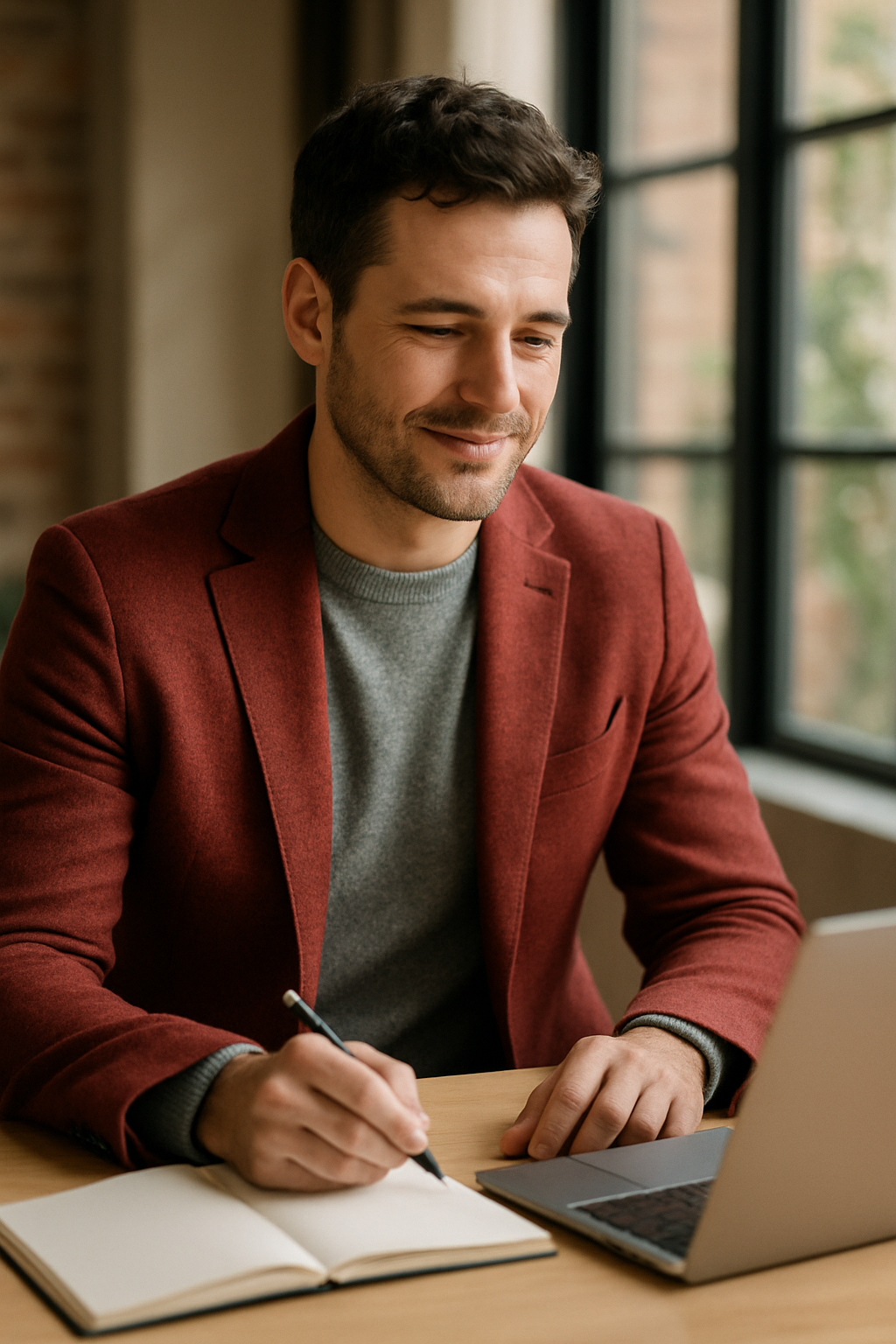 A man wearing a red blazer and grey sweater, sitting at a desk with a laptop and notebook.