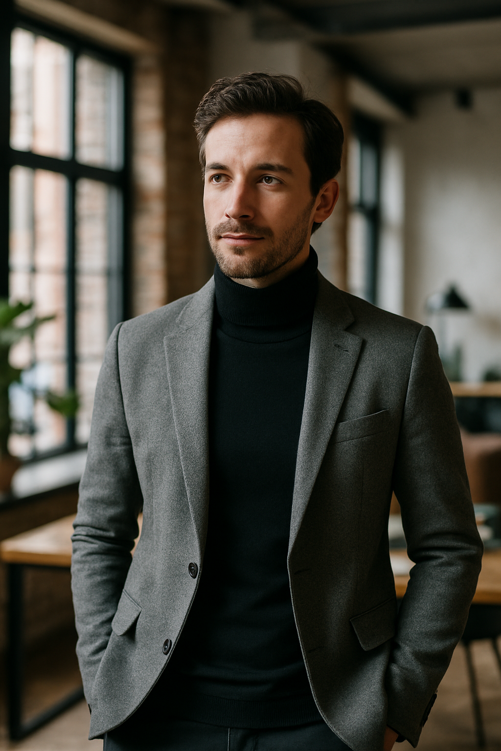 A man wearing a gray blazer and black turtleneck, looking stylish and confident.