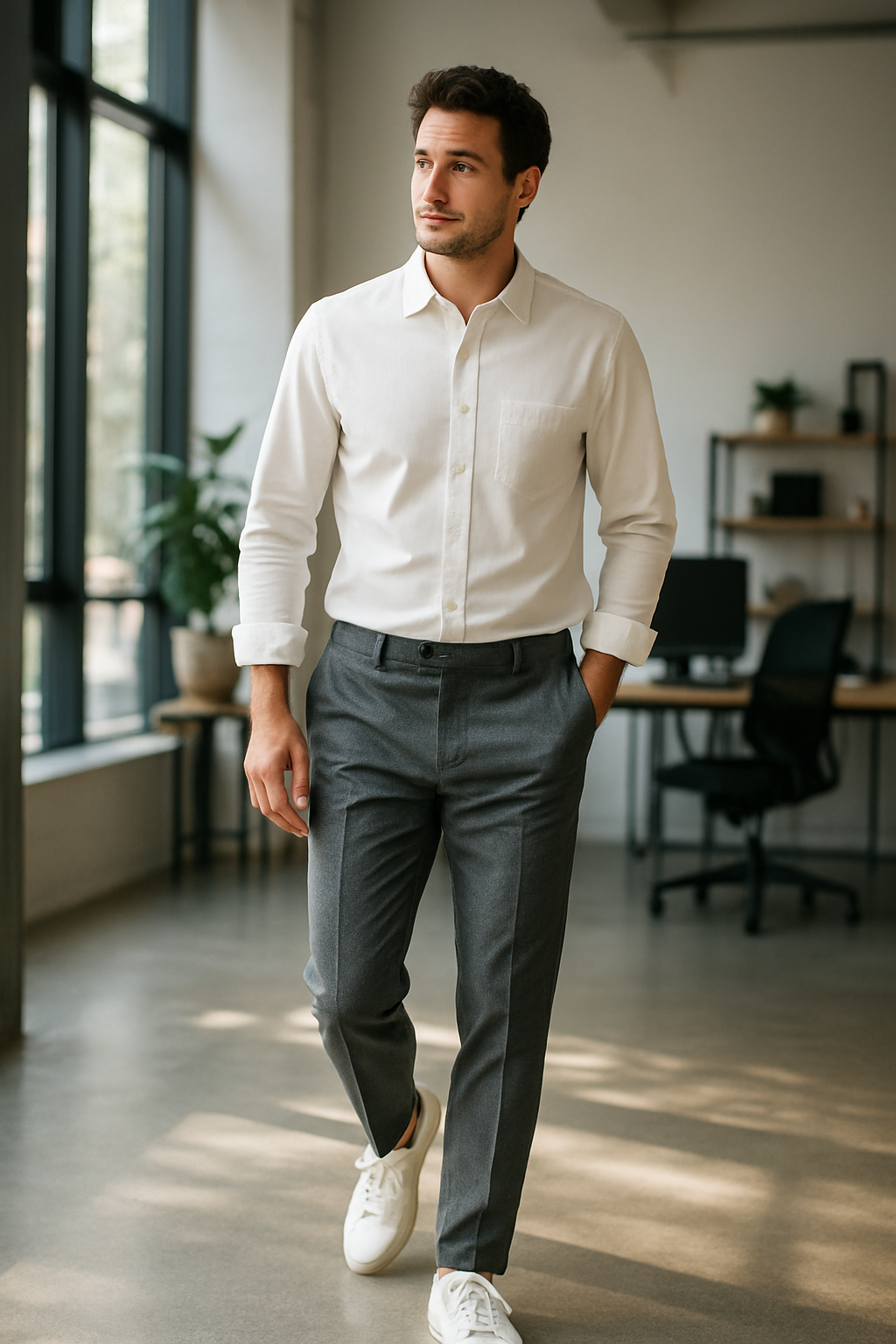 A man in a white shirt and gray pants wearing white shoes, standing in a modern office space.