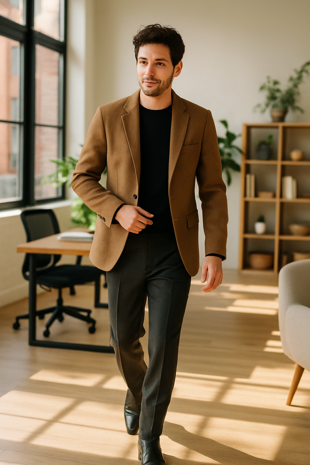 A man in a brown blazer and black shirt walking in an office setting, wearing black cowboy boots.