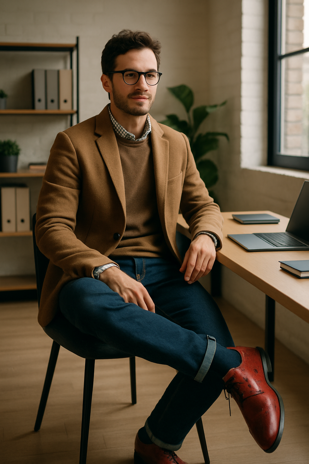 A man in a brown blazer and sweater, sitting at a desk, wearing red brogues.