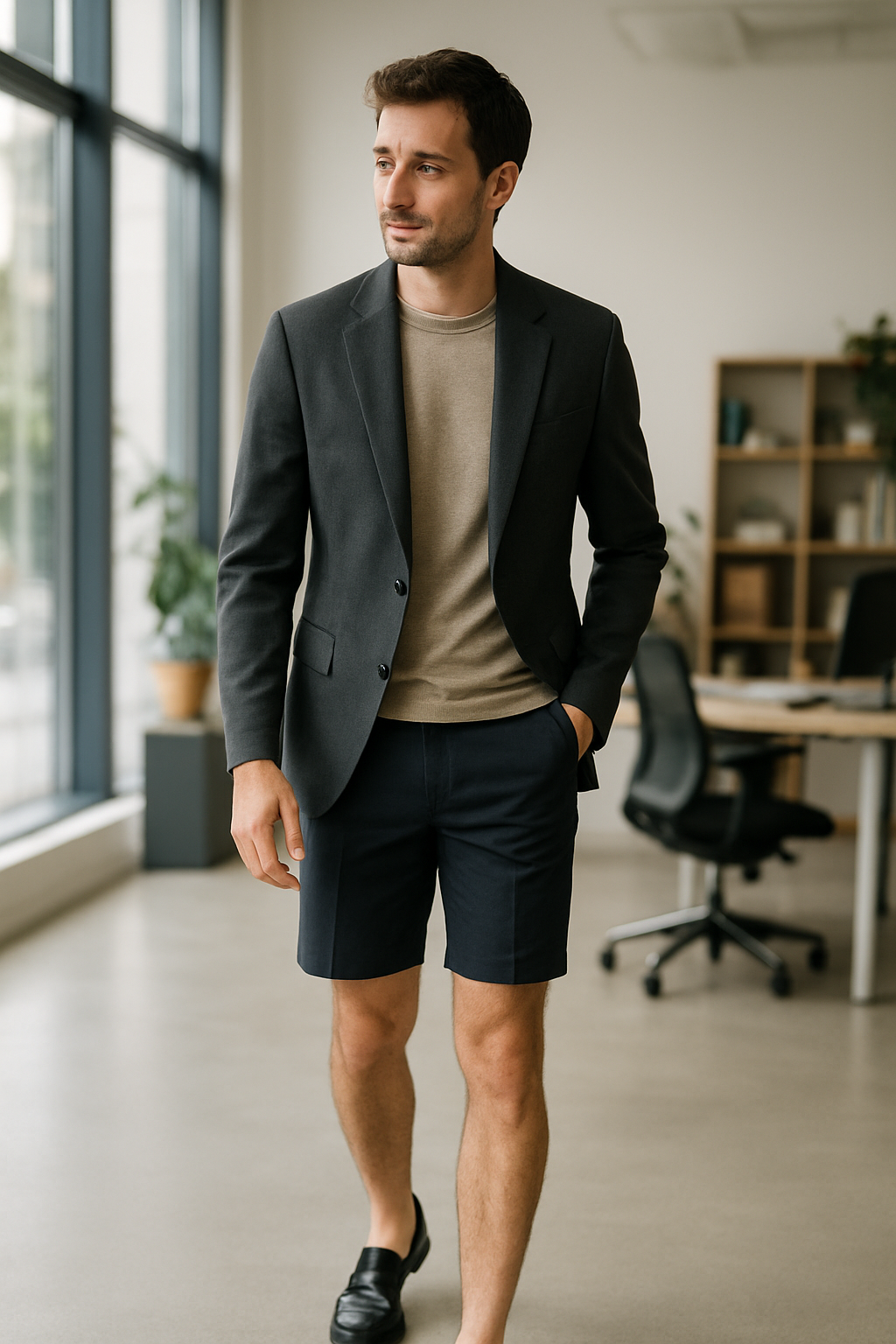 A man in a dark blazer and beige shirt with tailored navy shorts, walking in a modern office space.