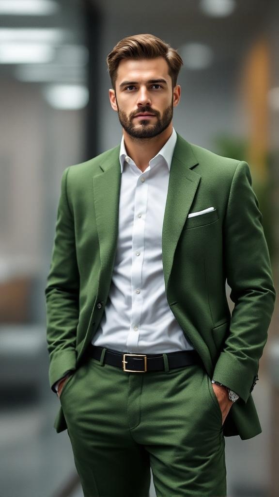 A man wearing a green blazer and trousers, styled for a business formal look.