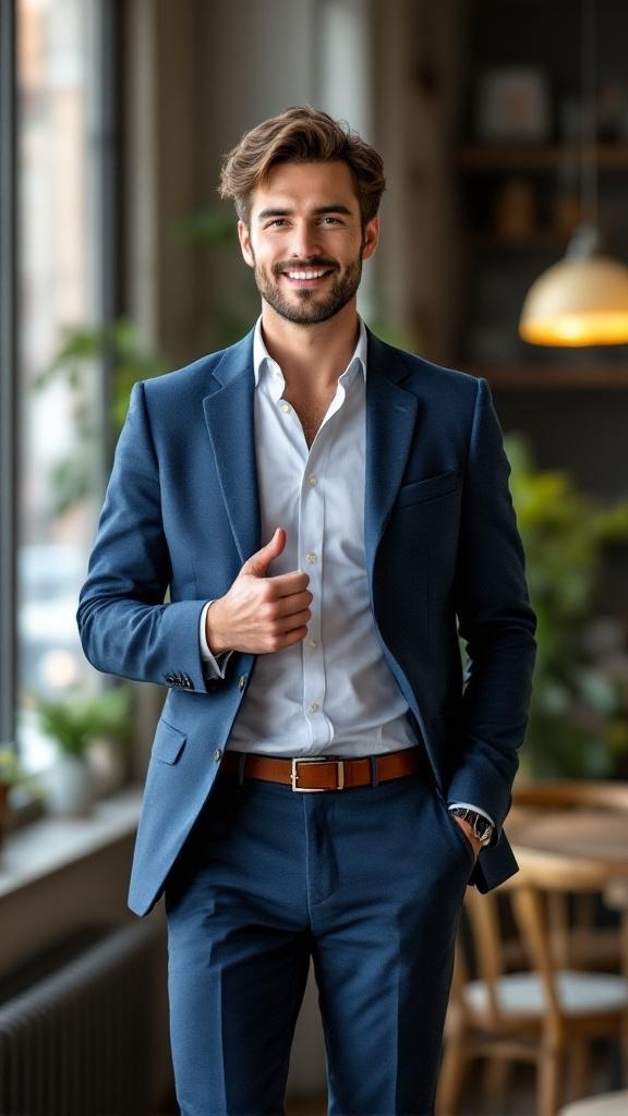 A man in a blue blazer and dress pants, smiling confidently in a stylish setting.