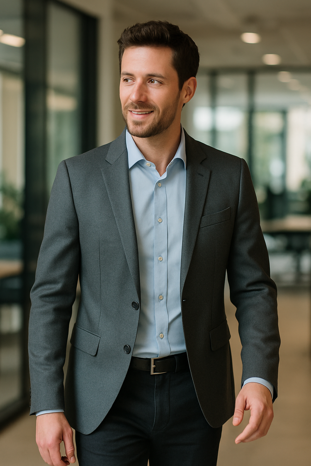 A man in a gray blazer and light blue shirt smiles confidently while walking in a modern office environment.