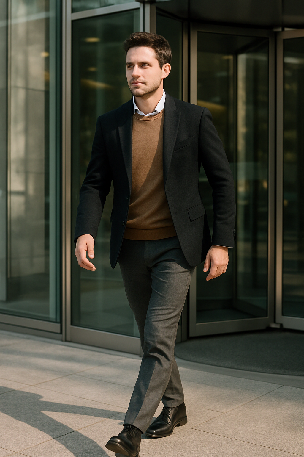 A man in a black blazer, brown sweater, and gray trousers walking confidently outside.