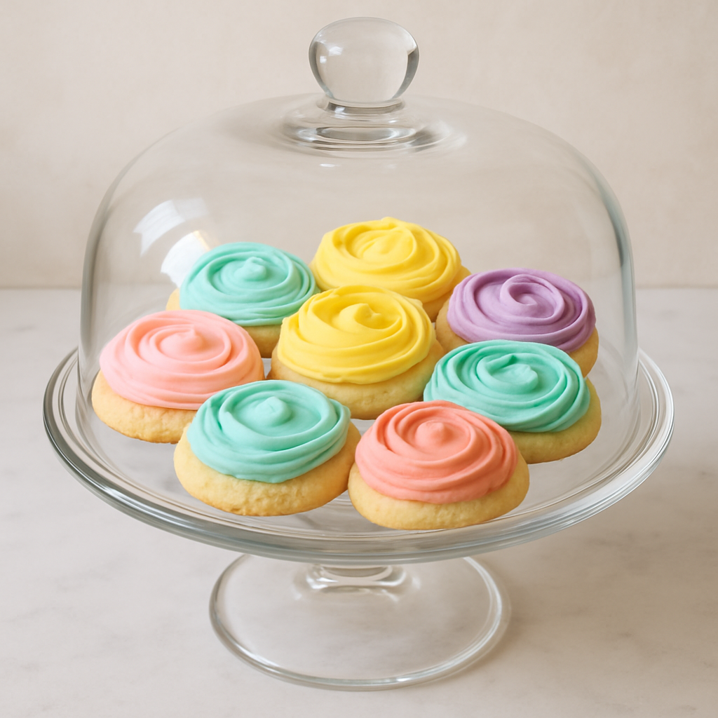 A glass cake stand filled with colorful buttercream frosted cookies in pastel shades.