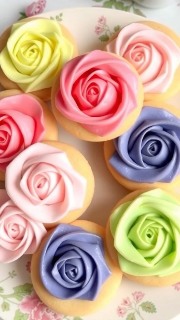 Colorful buttercream rose cookies on a floral plate.