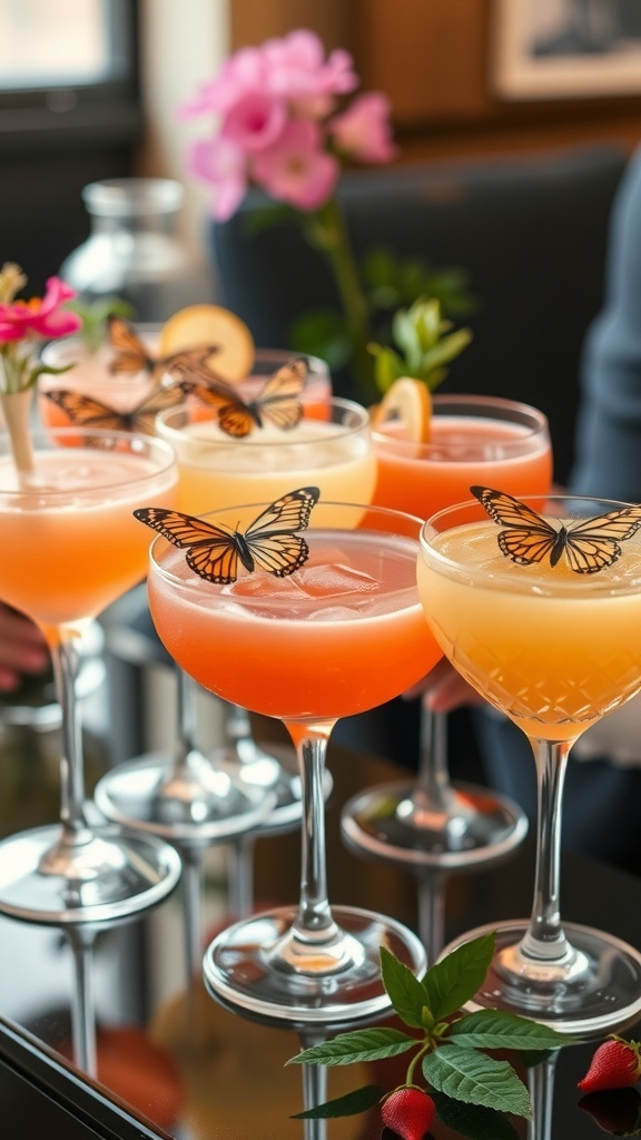 A colorful assortment of drinks with butterfly decorations