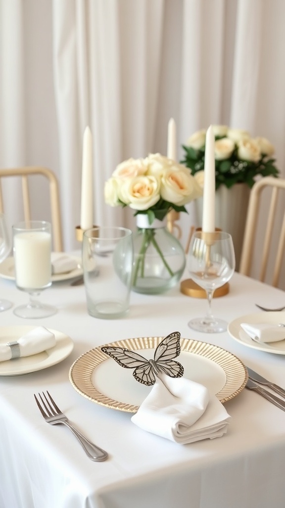 A beautifully set table with butterfly-themed decorations for a bridal shower.