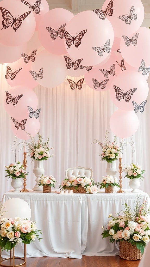 Decorative setup for a butterfly-themed bridal shower with pink balloons and floral arrangements.