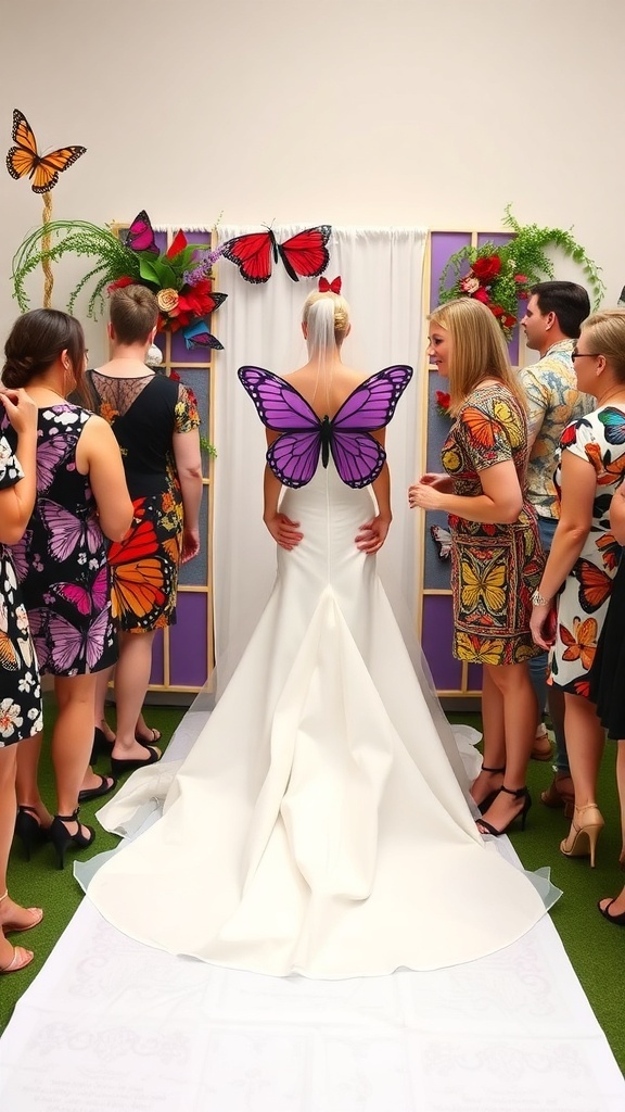 A bridal shower with guests dressed in butterfly-themed outfits, featuring a bride with butterfly wings.