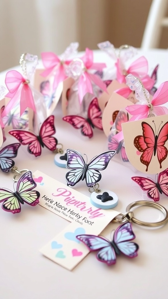 Colorful butterfly-themed bridal shower favors with pink ribbons.