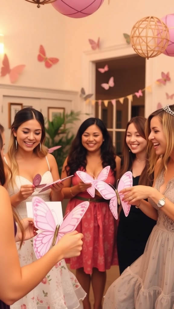 A group of women enjoying butterfly-themed activities at a bridal shower, holding butterfly cutouts and smiling.