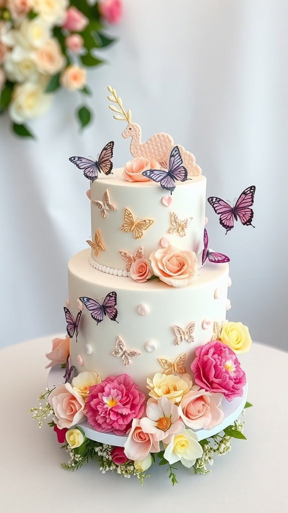 A beautiful two-tier white cake decorated with colorful butterflies and roses for a bridal shower.
