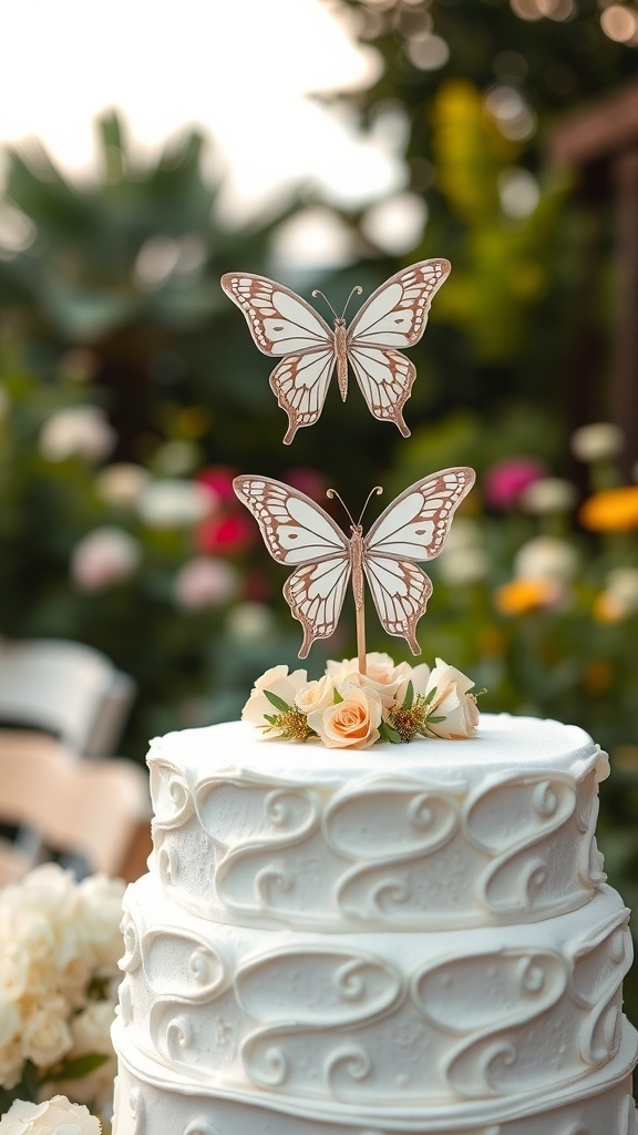 A beautifully decorated cake with butterfly toppers and rose embellishments