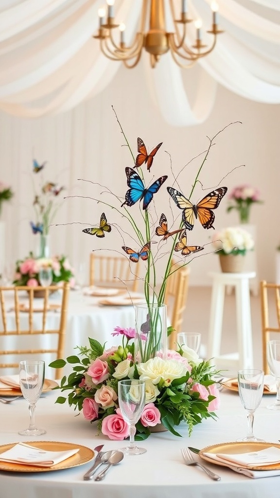 Butterfly-themed centerpiece with flowers and decorations at a bridal shower