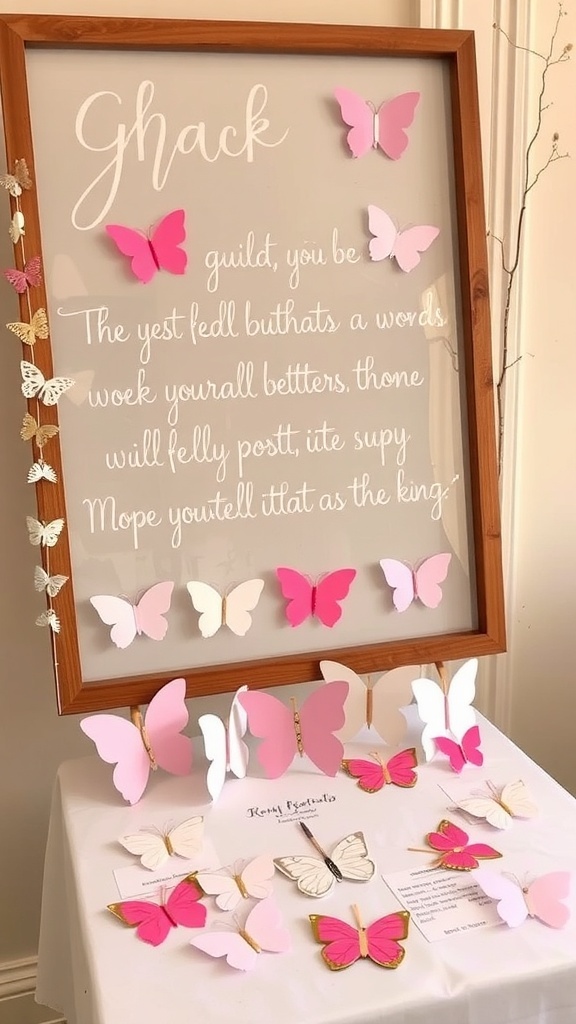 Butterfly guest book display at a bridal shower.