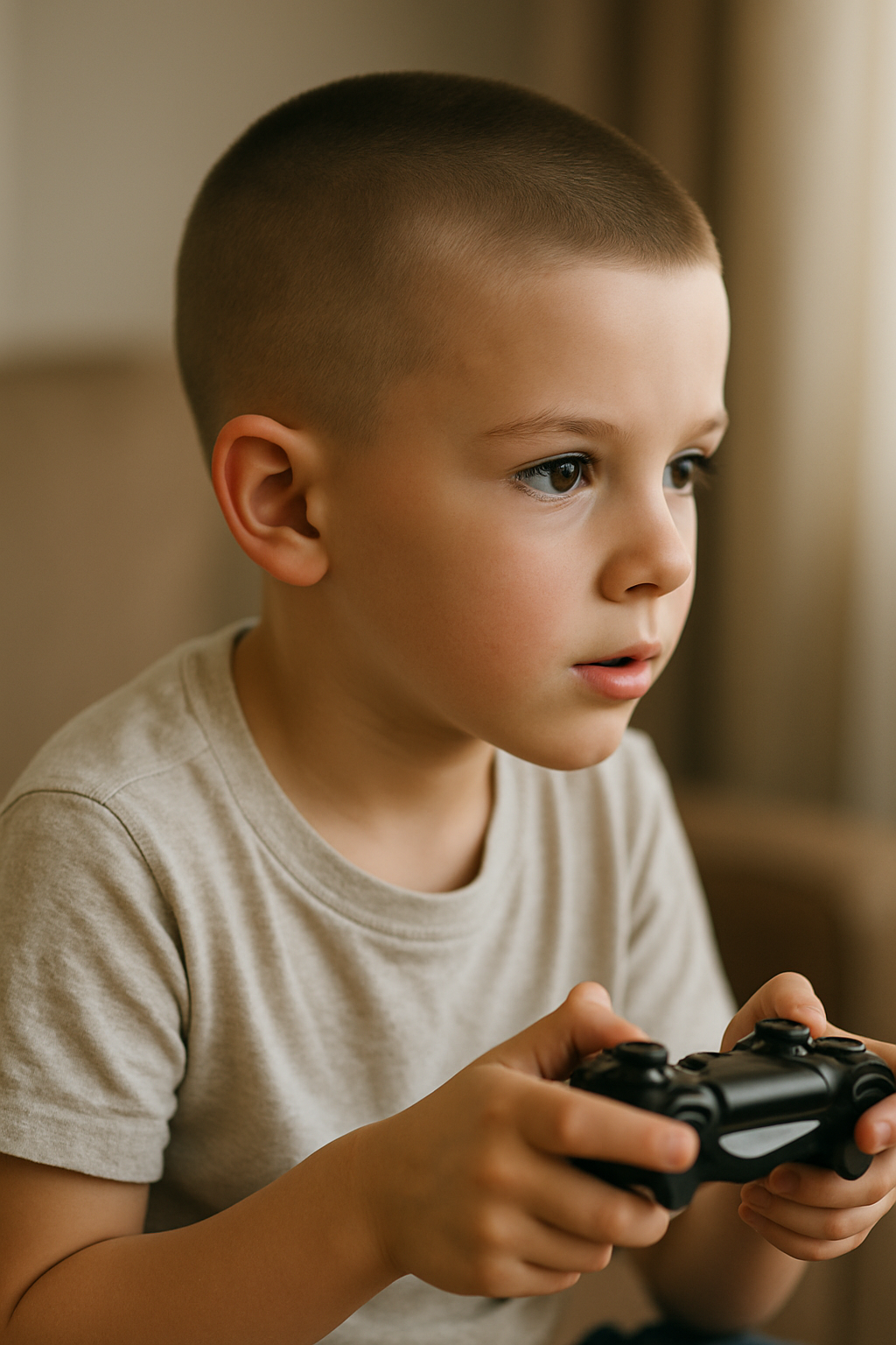 A young boy with a buzz cut playing video games.