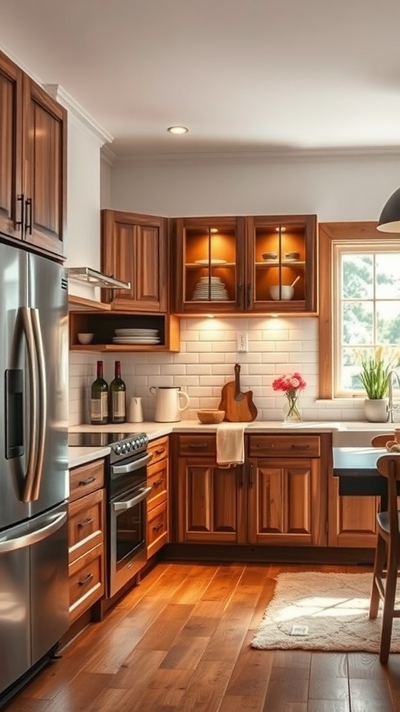A rustic kitchen with wooden cabinets and warm lighting.